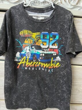 abercrombie kids Black Mineral-Wash Tee with Multicolor Race Car Graphic